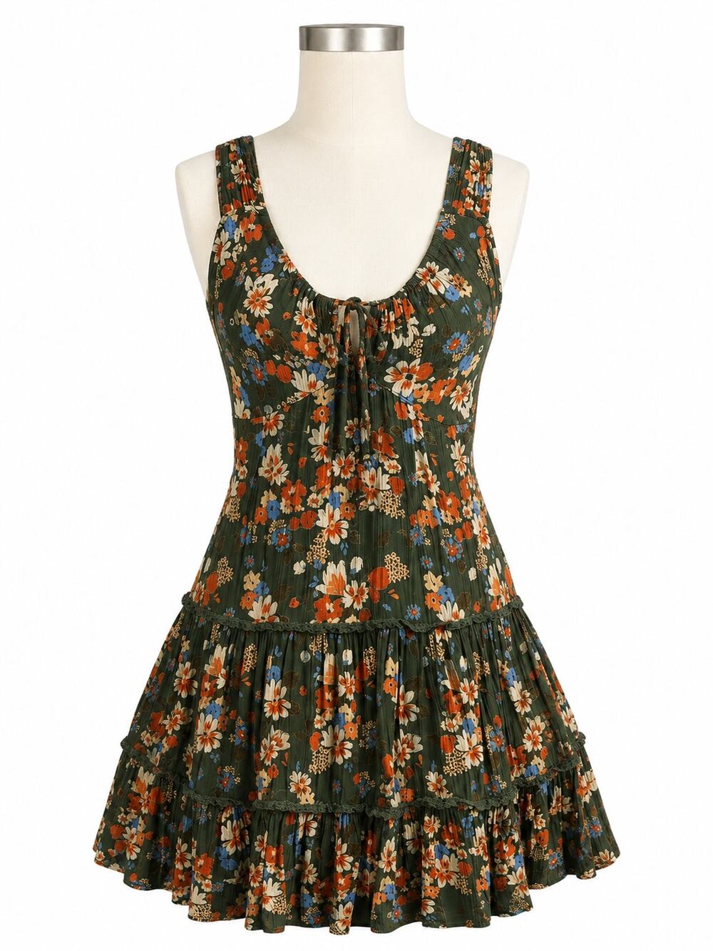 Angie Floral Tiered Ruffle Olive Boho Mini Dress - Size S - Cottagecore
